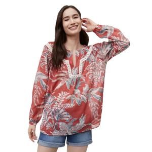 LOFT Iris Botanical Print Crochet Lace Long Sleeve Peasant Top Small